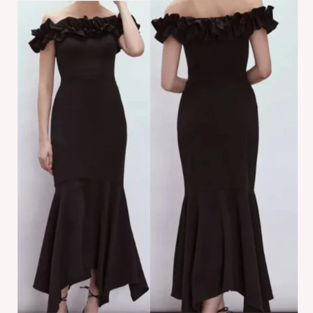 Xscape Black Off-Shoulder Ruffle-Hem Midi Gown